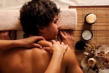 Man - recreation, rest, relaxation and massage The young Man on spa treatment - recreation, rest, relaxation and massage. Hygh angle view